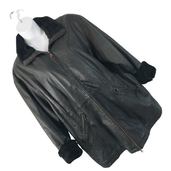 WILSONS LEATHER! BLACK FAUX FUR TRIMMED HEAVY GENUINE LEATHER JACKET COAT! SZ 2X - Picture 1 of 15